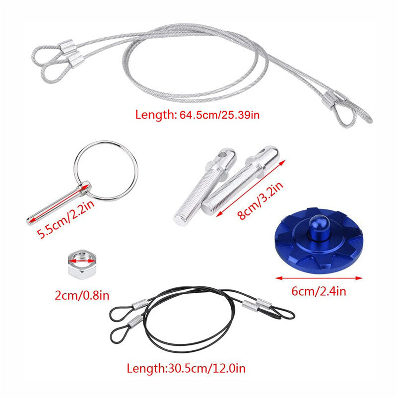 2x Blue CNC Aluminum Universal Car Bonnet Hood Pin Lock Latch Appearance Kit