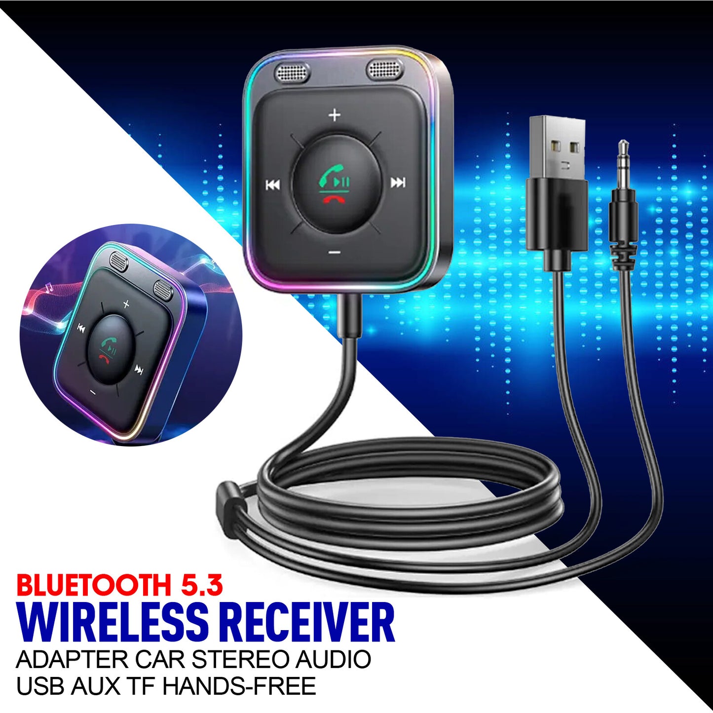 Car Bluetooth 5.3 Wireless Receiver Adapter, Stereo Audio, USB, AUX, TF, Hands-free