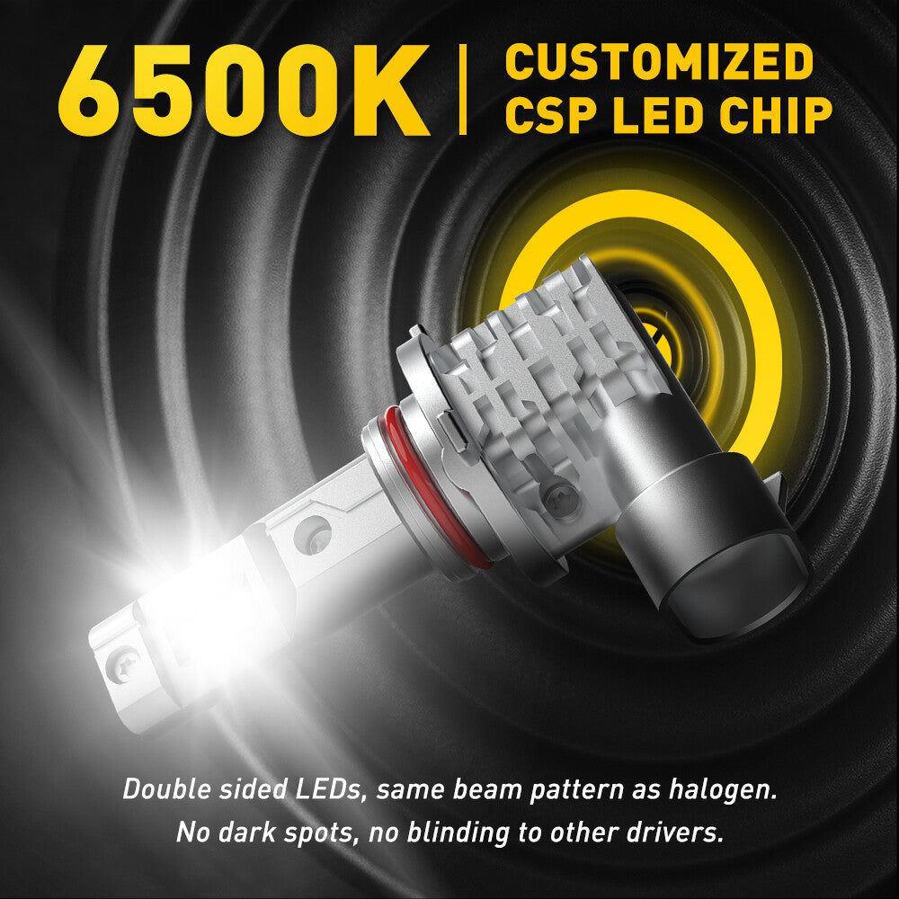 4x 9005+h11 LEDs, producing a generally bright white light.