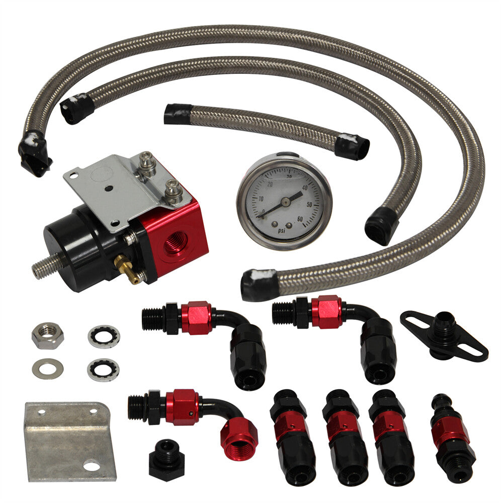 Adjustable Fuel Pressure Regulator Kit Gas / Oil Gauge AN6 Line Hoses Black