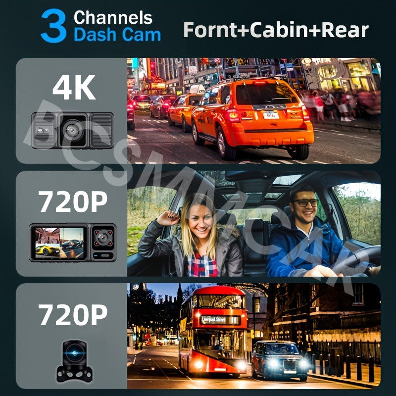 3 Channel Car Dash Camera 4K Video Recorder Loop Recording Parking Monitoring