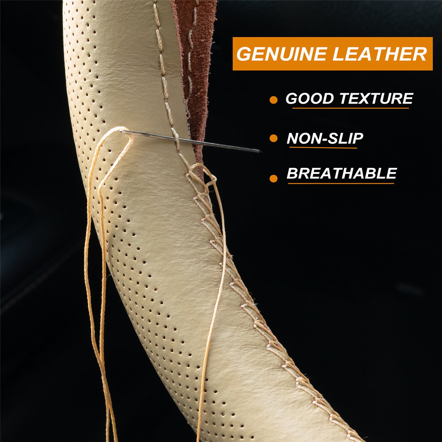 38cm DIY Car Steering Wheel Cover Genuine Leather Breathable Anti-slip Beige
