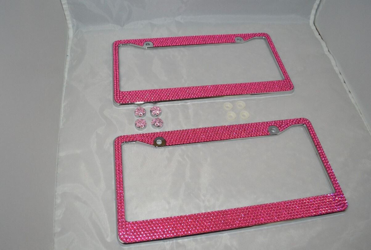 2-Piece Car License Plate Frame Cover for Rear Trunk Pink Glitter Crystal Suitable for Mazda
