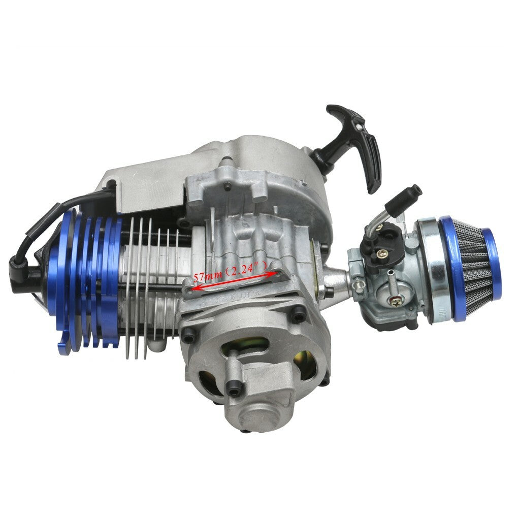 2-stroke 49cc/50cc large-hole engine motor kit for pull-start pocket bicycles, scooters, and go-karts.