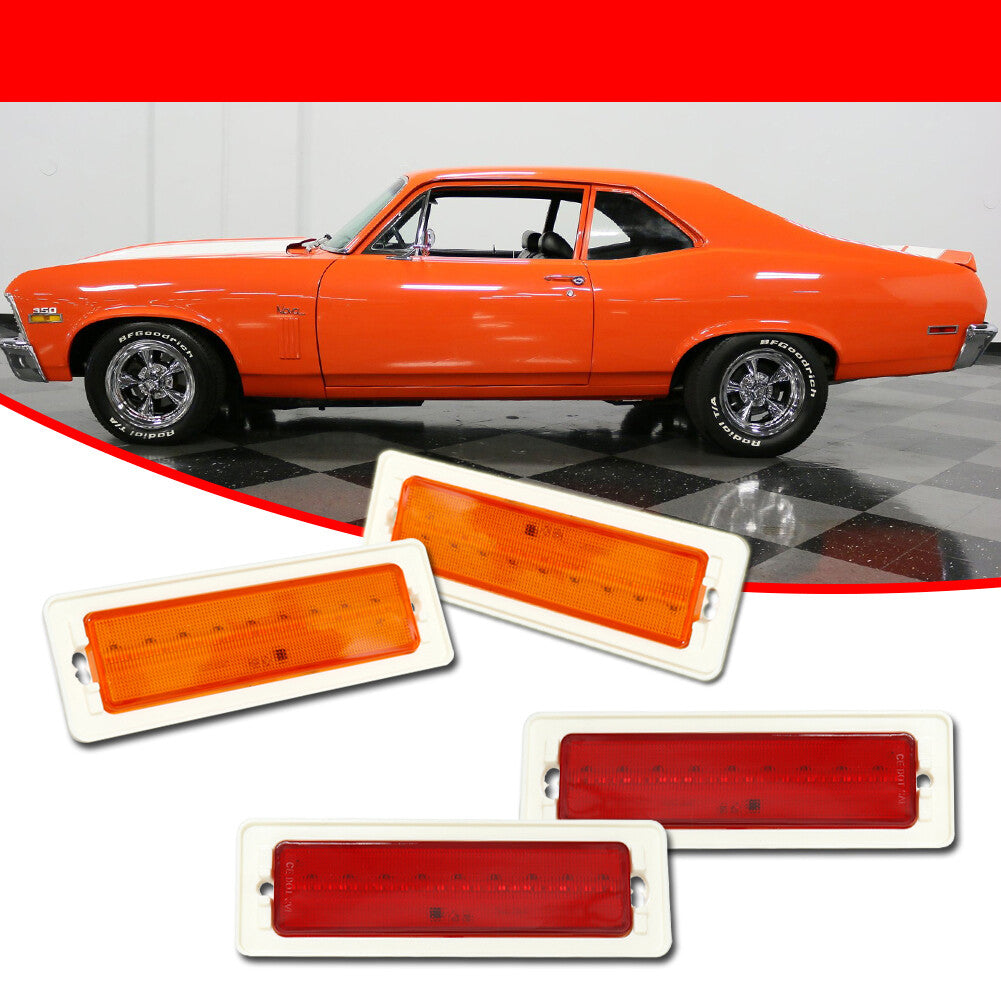 4-pack LED side marker lights for 1970-1974 for Chevrolet Nova, front amber, rear red.