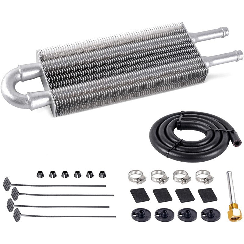 Universal 5/16 inch Transmission Oil Cooler Kit with 2 Rows/2 Pass-Through Pipes and Fins in Silver