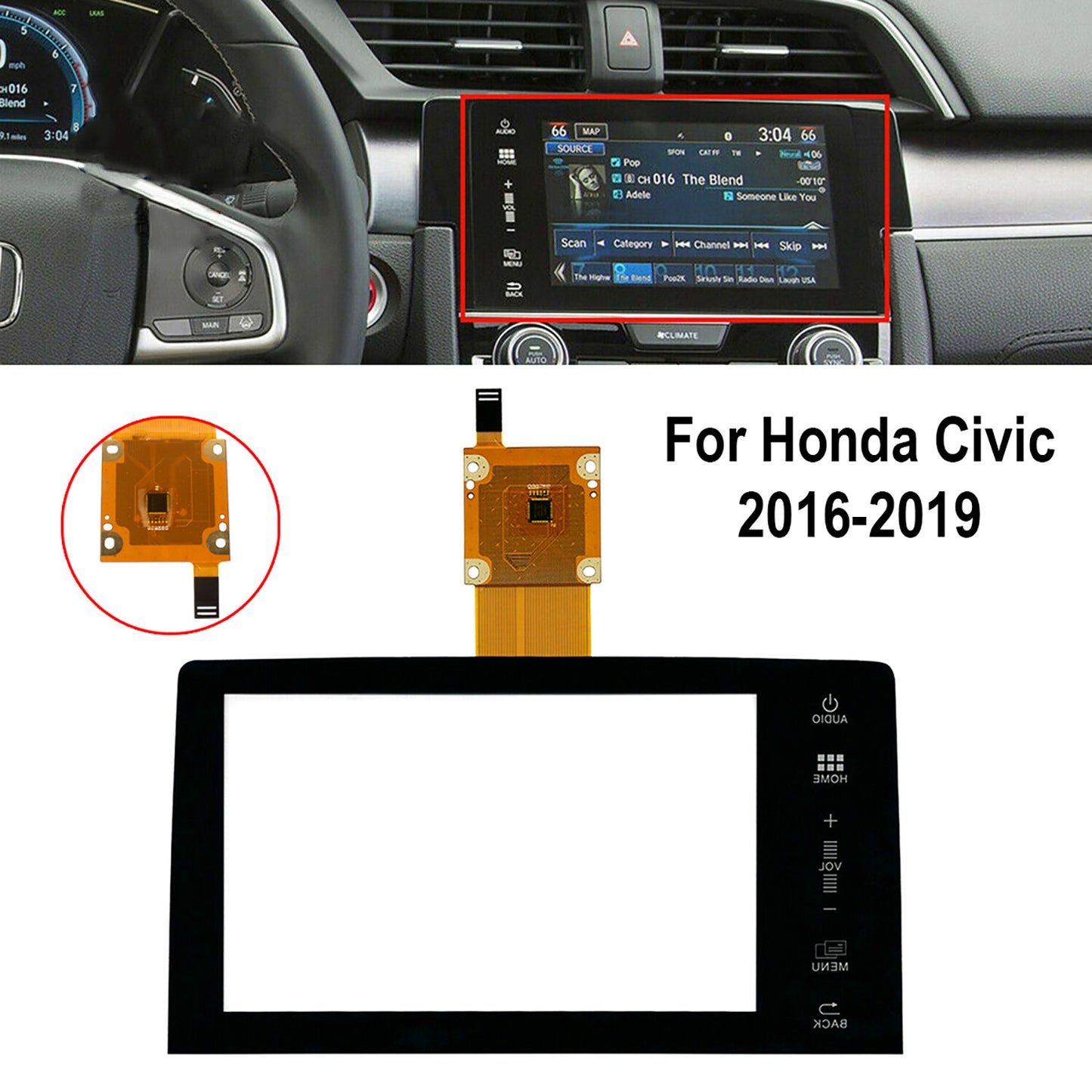 7 Touch Screen Digitizer Glass Panel for Honda 10th for Civic 16-19 39710-TBA-A11