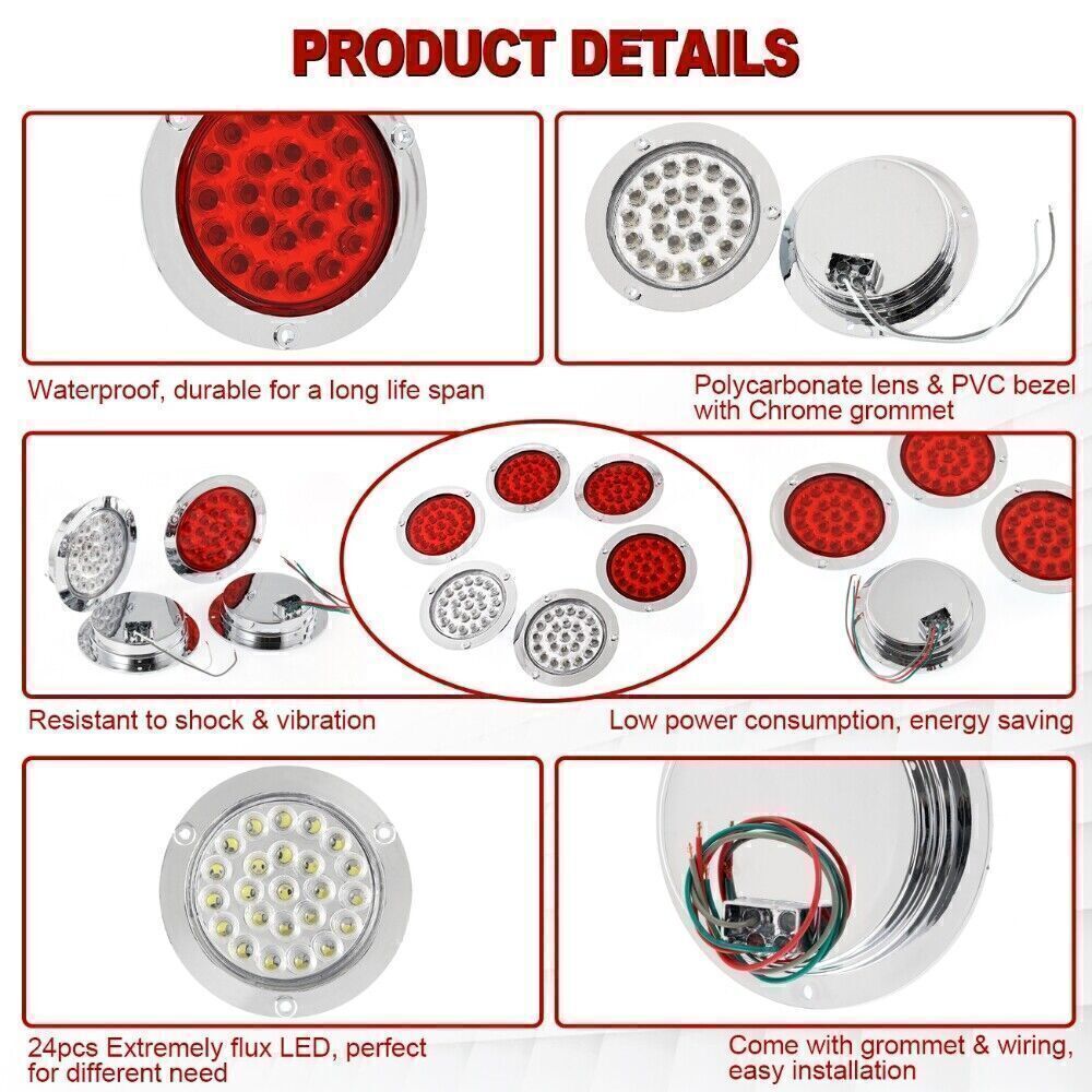 4 LED Round Stop Turn Tail Backup Reverse Truck Trailer Lights 8Red + 4White