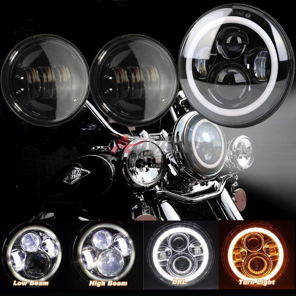 7-inch LED headlights and 2 x 4.5-inch fog light rings are available for Harley-Davidson motorcycles.