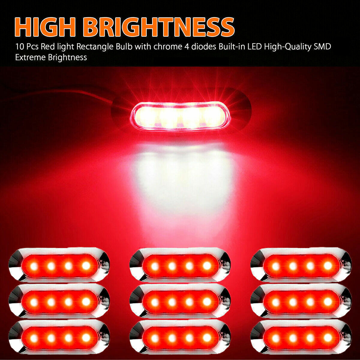 10x SMD 4-LED Red Side Marker Light Lamp Clearance Car Truck Trailer Chrome 12v