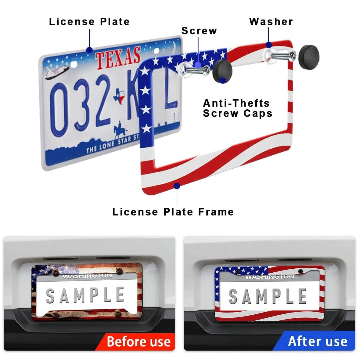 2X for Chevrolet Accessories US Flag Patriotic Truck License Plate Frame Cover