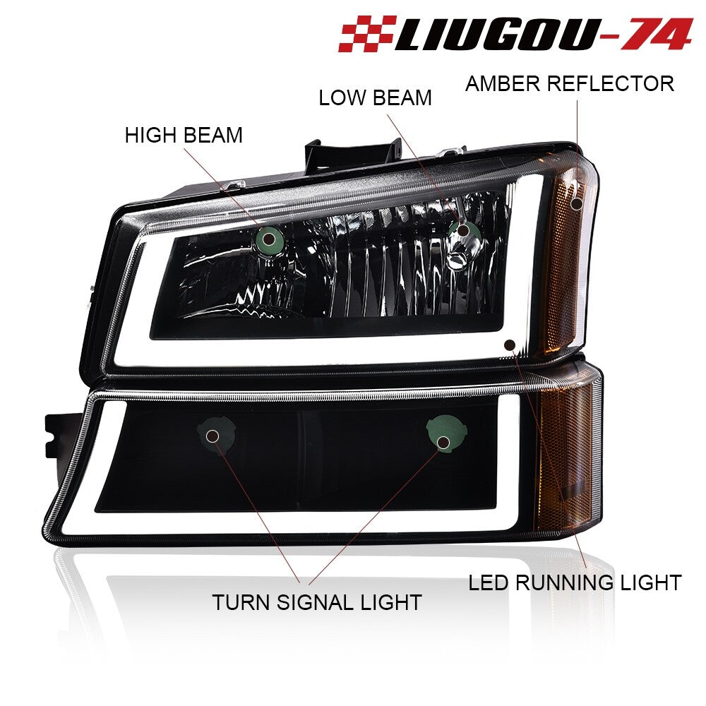 2 headlights for 2003-2007 for Chevrolet Silverado Avalanche LED DRL, black/amber.