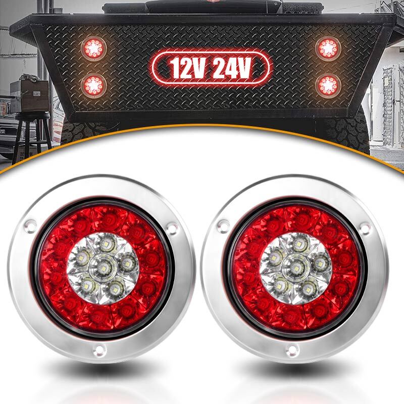 2X 4 LED Red/White Truck Trailer Rear Brake Stop Turn Signal Tail Lights 12-24V