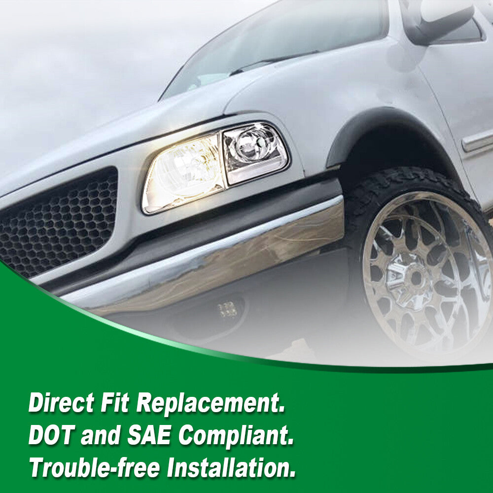 Chrome-encased headlights with transparent cornering mechanism, suitable for Ford 97-03 F150 and 97-02 Expedition.