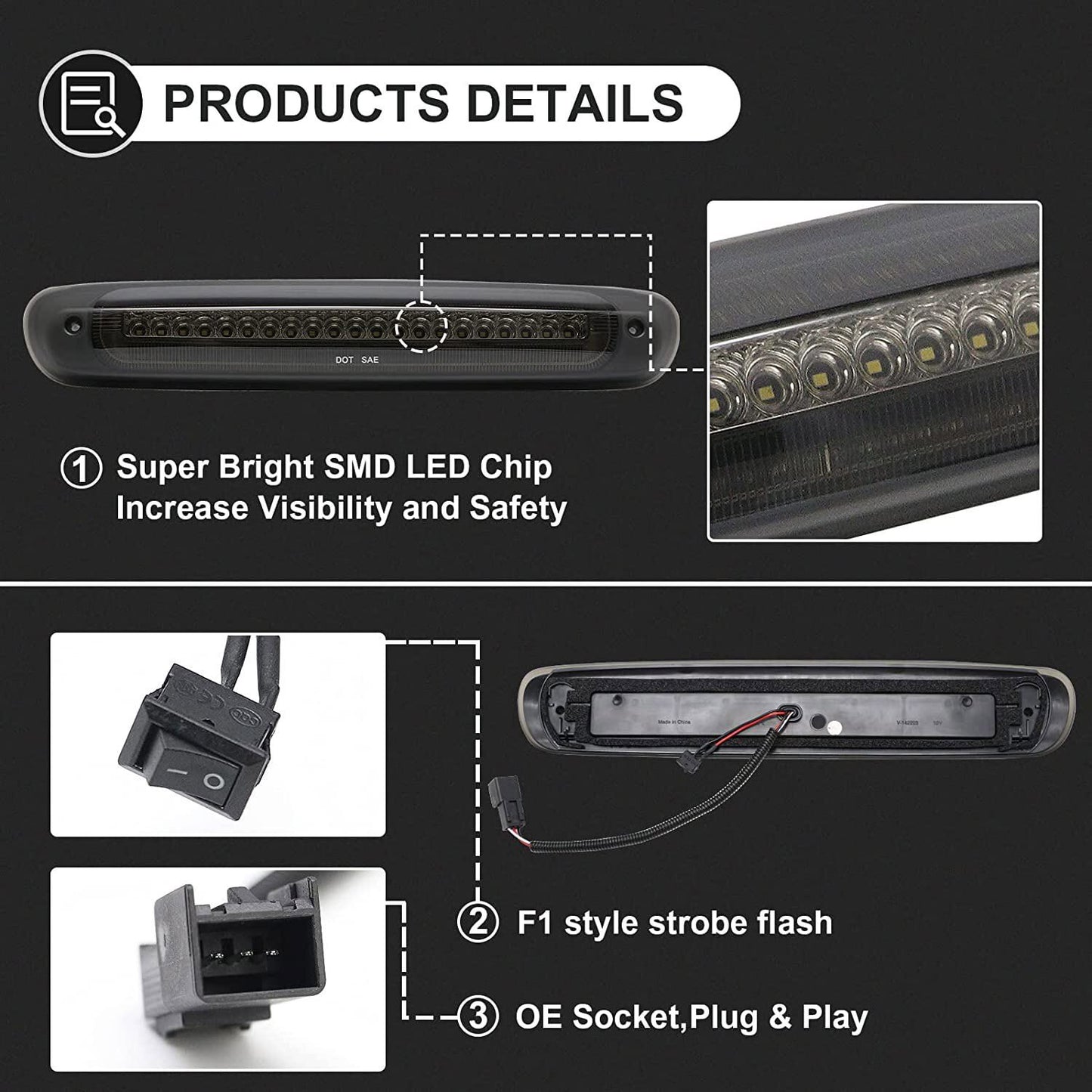 Suitable for 07-13 for Chevrolet Silverado for GMC for Sierra LED third brake cargo light smoked