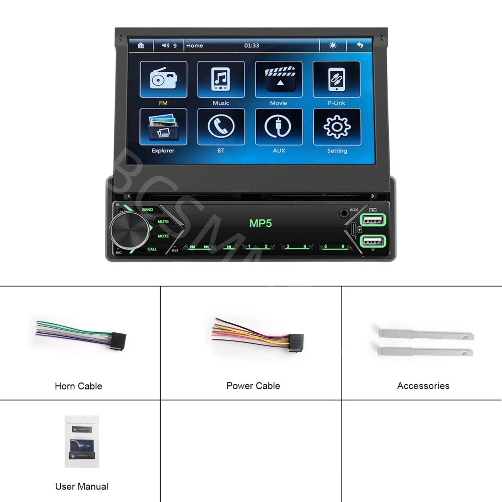 Single 1 DIN 7IN Car Radio Stereo Player HD Touch Screen Flip Out SWC AUX USB