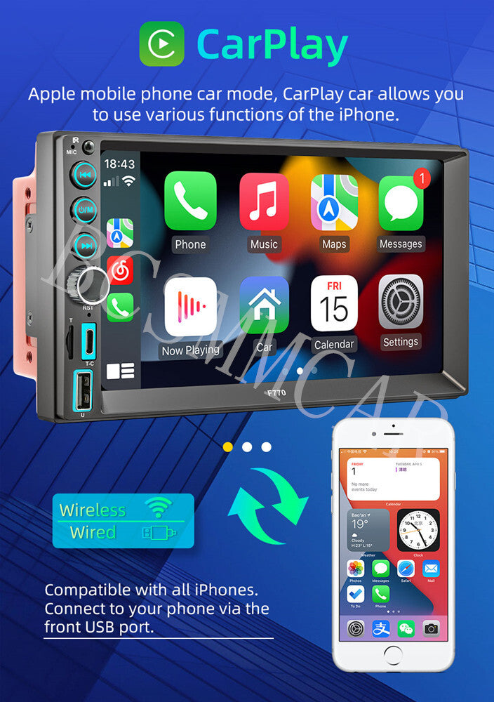 Radio 7in Double 2 DIN HD Touch Screen Stereo Car MP5 Player For Apple Carplay