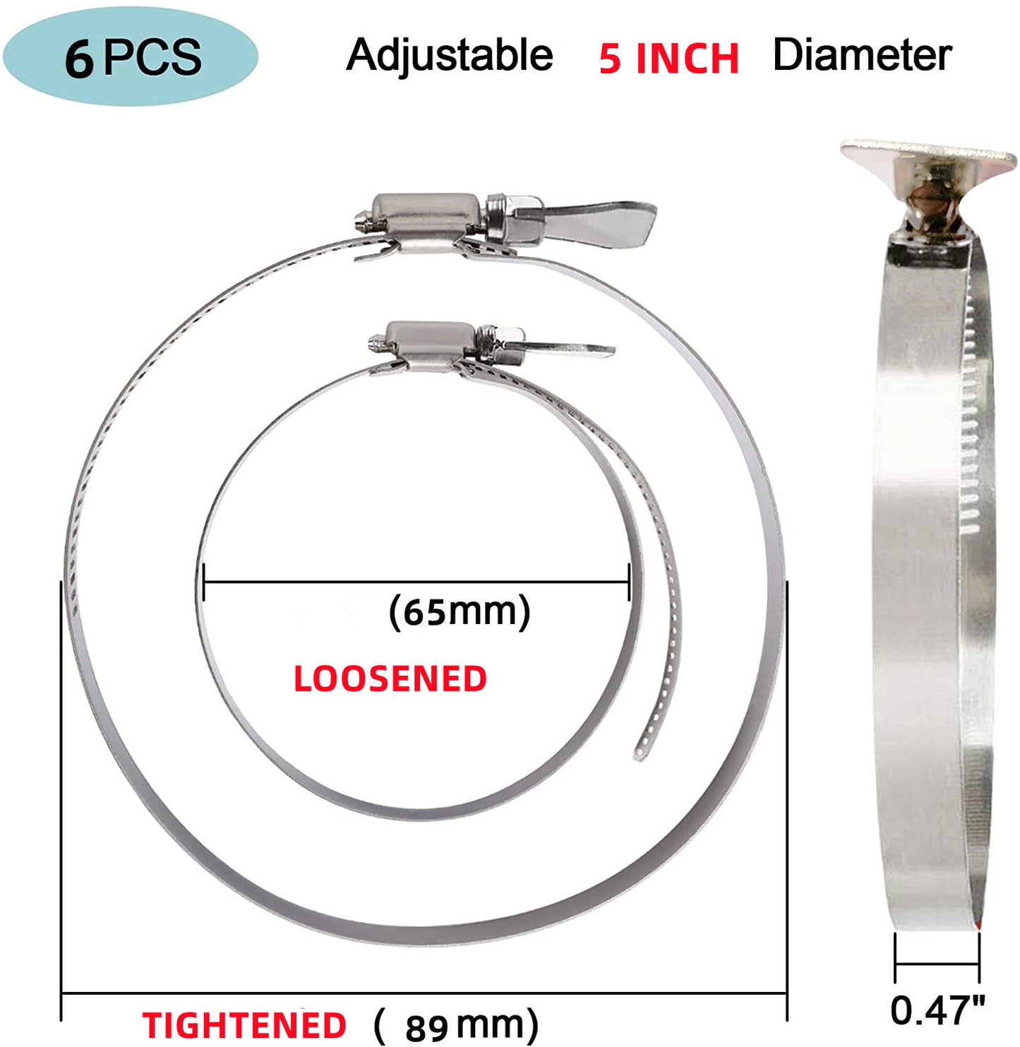 5-inch hose clamp, heavy-duty thumb screw hose clamp, worm gear clamp, adjustable 6-piece set.