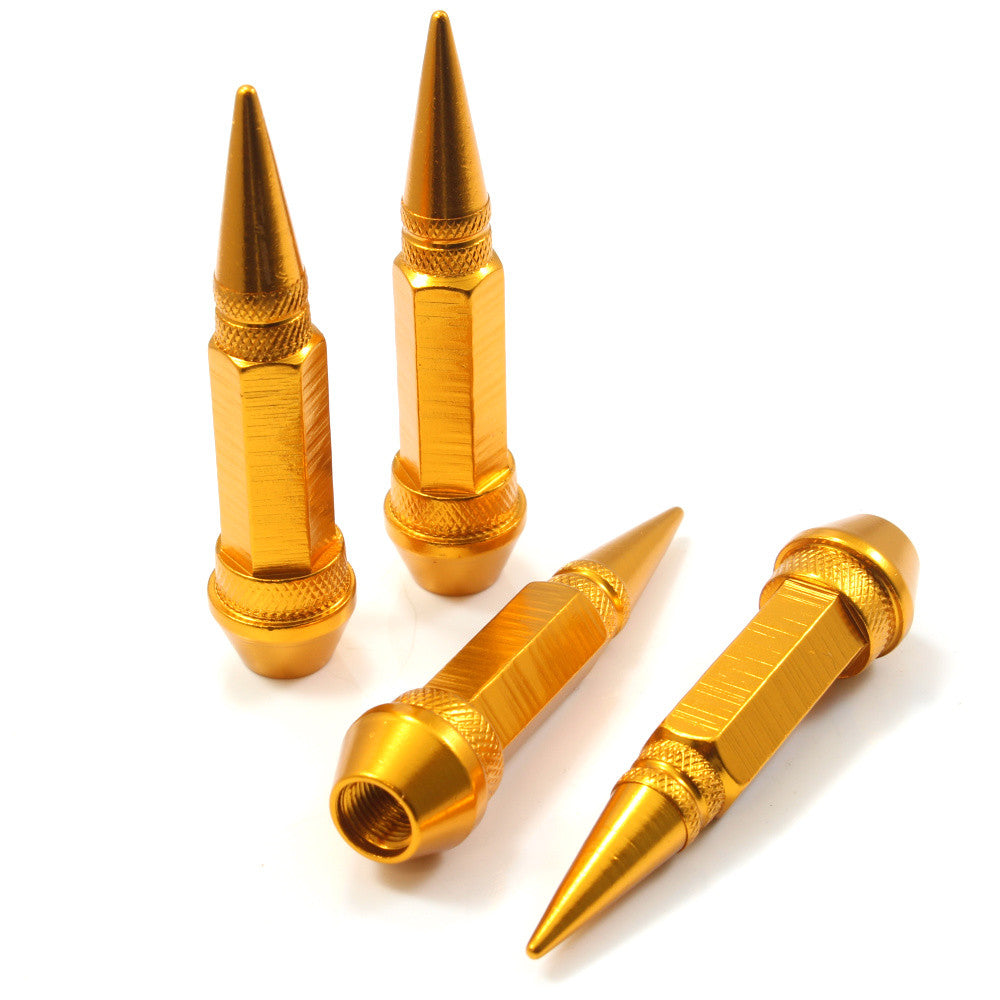 4 Gold Aluminum Metal Long Spike Wheel/Tire Valve Stem Car-Truck Air Caps Covers