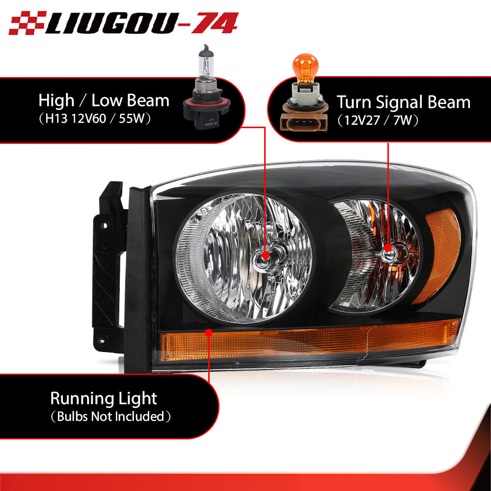 Suitable for 2006-2009 for Dodge for Ram 1500 2500 3500 headlight kit with chrome trim.