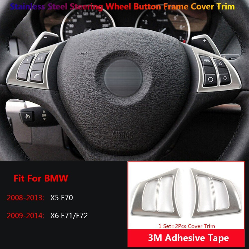 2Pcs Stainless for BMW X5 X6 E71 Car Steering Wheel Switch Button Cover Trim-