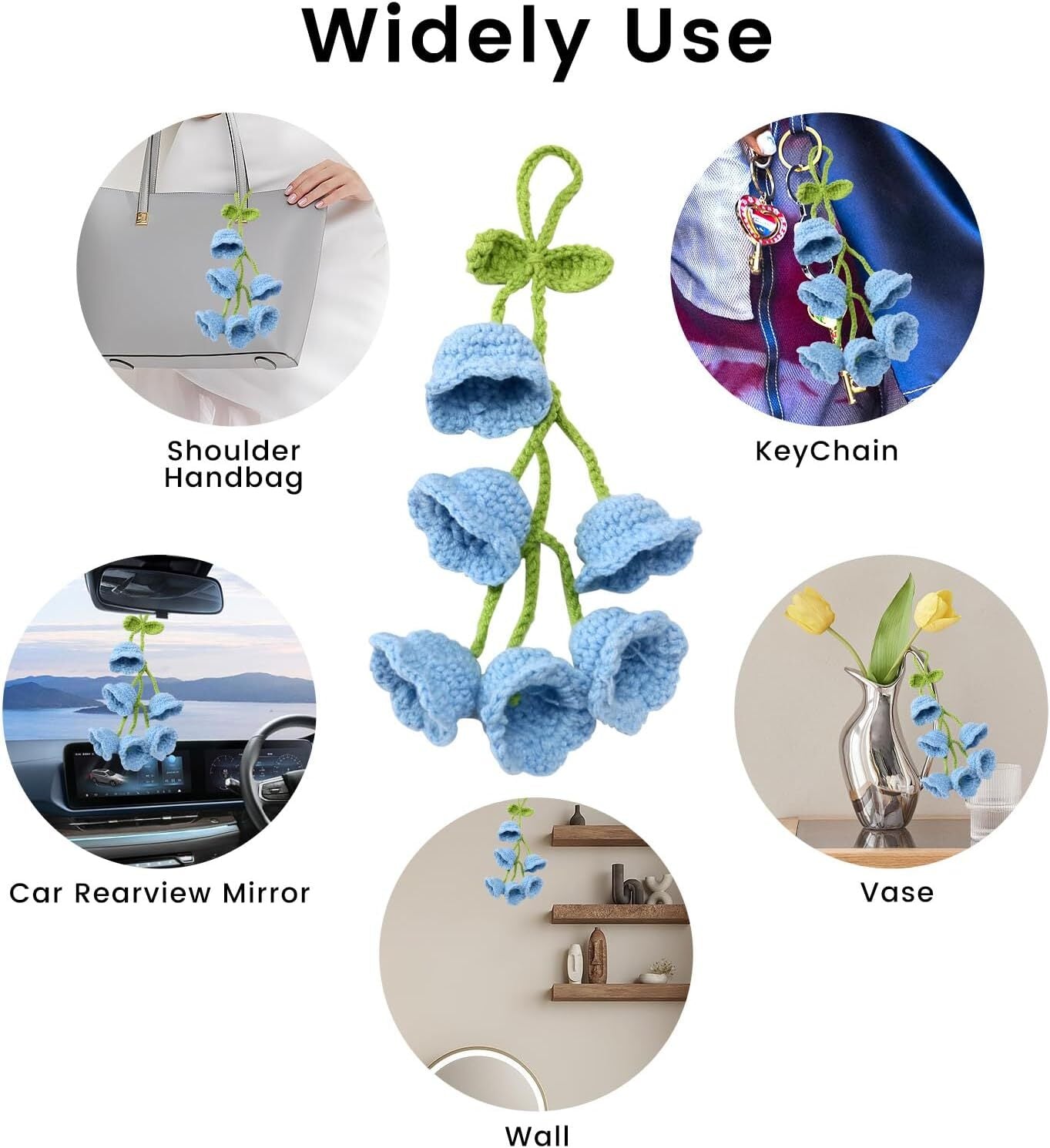 1Bell flower Hand Knitted Cute Car Accessory for Rear View Mirror Hanging Blue