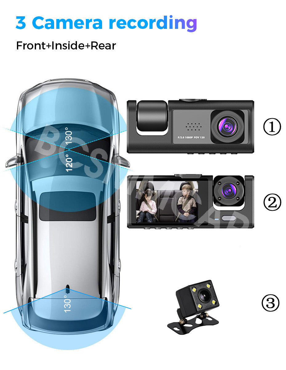 2in 3 Lens Car Video Recorder G-sensor Night Vision Dash Cam Rearview Camera