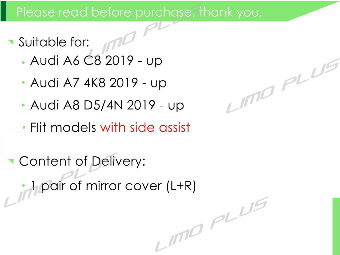 Gloss black side mirror covers for Audi C8, for A6,S6, A7, S7, and for A8,with lane assist.