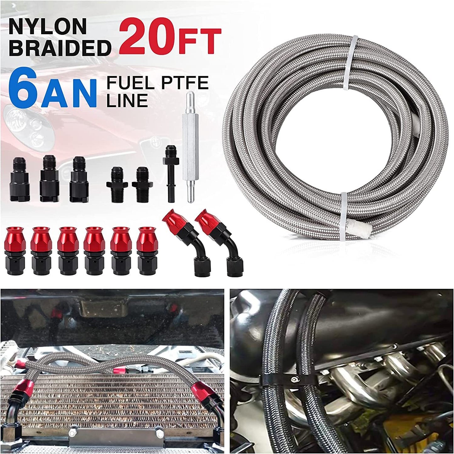 6AN 3/8 inch PTFE LS Replacement EFI Fuel Hose Fitting Kit E85 Nylon Braided Fuel Hose 20 ft