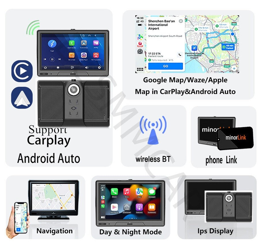 Car DVR Wireless 7in Dash Camera Carplay Android Auto Touch Screen Navigation FM