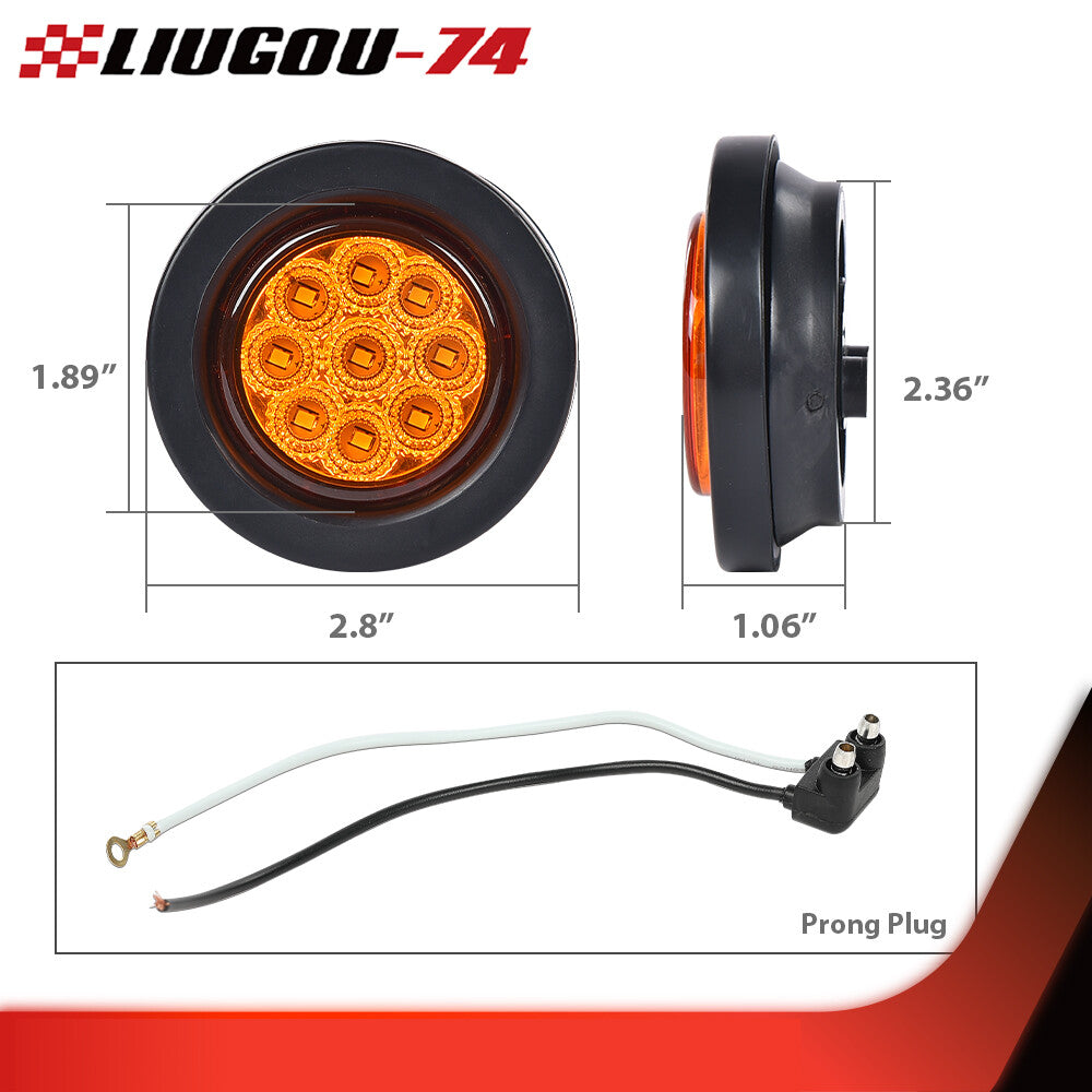 1 pair of amber 2-inch round 12-volt 9-LED side marker lights suitable for trucks, trailers, and caravans.