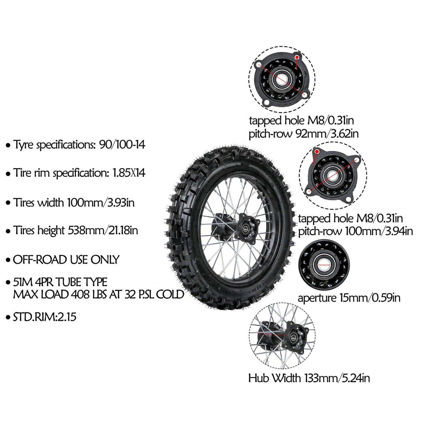 70/100-17 inch front + 90/100-14 inch rear rim tire grooves for Apollo 110 bicycle (125cc/150cc).