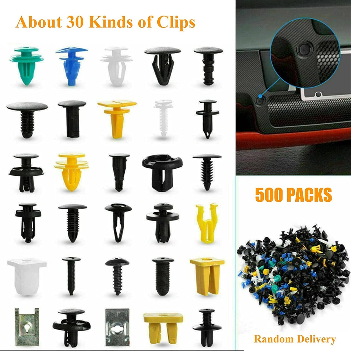 Automotive fastener clips, push-button decorative rivets, door panel body molding decorations