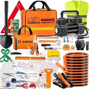 Complete roadside emergency survival kit components neatly organized.