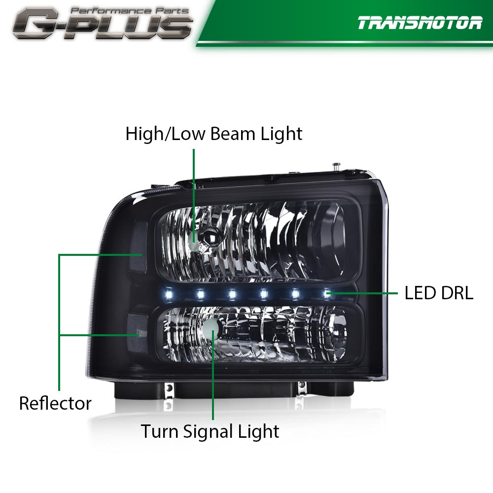 Replacement headlights for 2005-2007 F250, F350, and F450 Super Duty LED DRL vehicles.