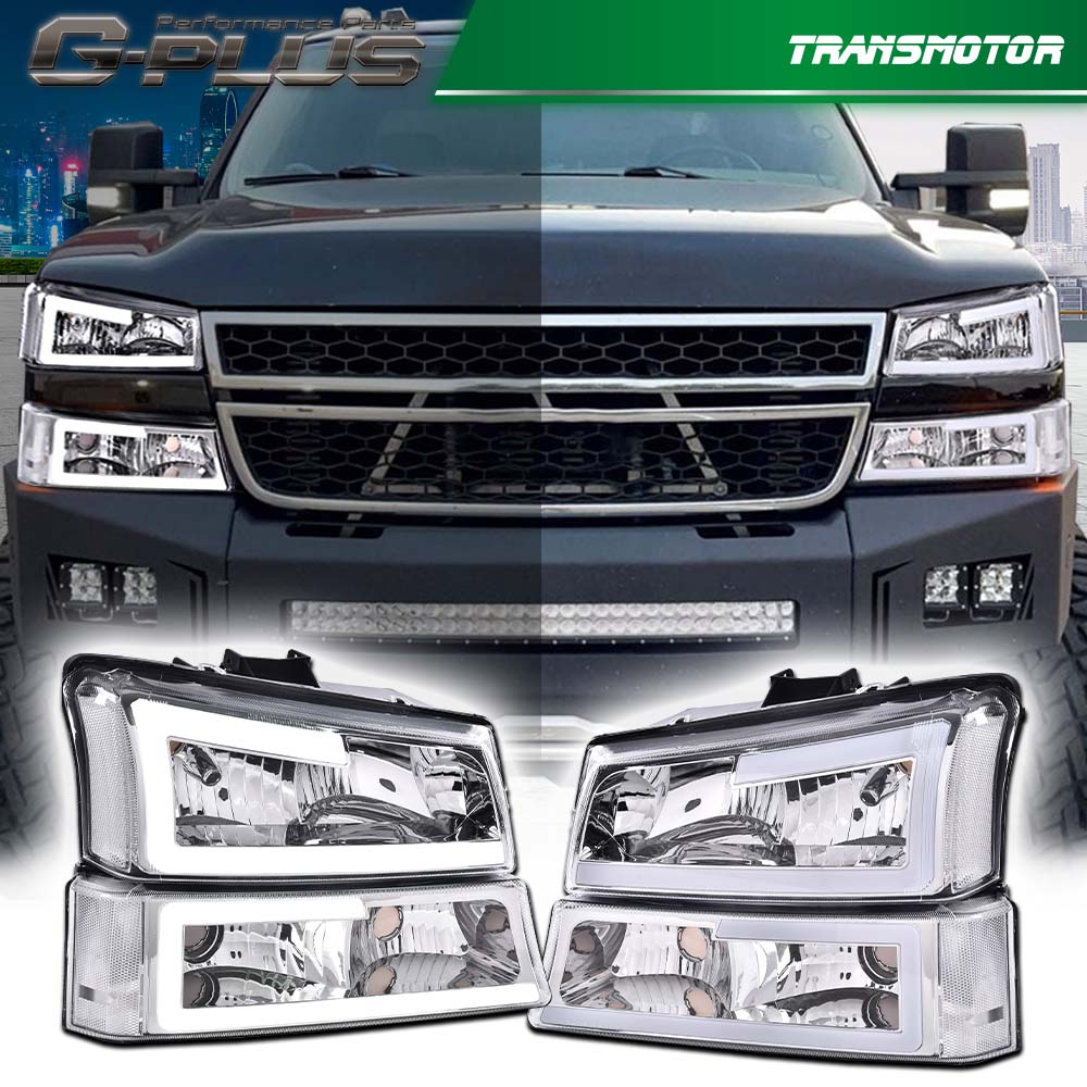 {Dual LED C-BAR} Chrome/Transparent Headlights + Signal Suitable for 03-07 Silverado/Avalanche
