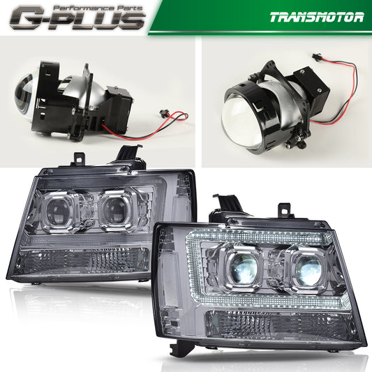 Suitable for 07-14 Avalanche Tahoe Suburban LED projector front light with chrome accents.