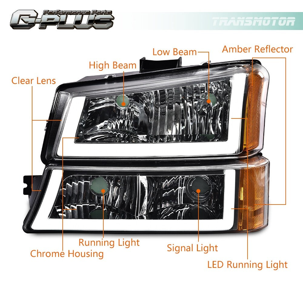 LED DRL Amber Chrome Headlights + Bumper Fog Lights Suitable for Chevrolet Silverado 03-06