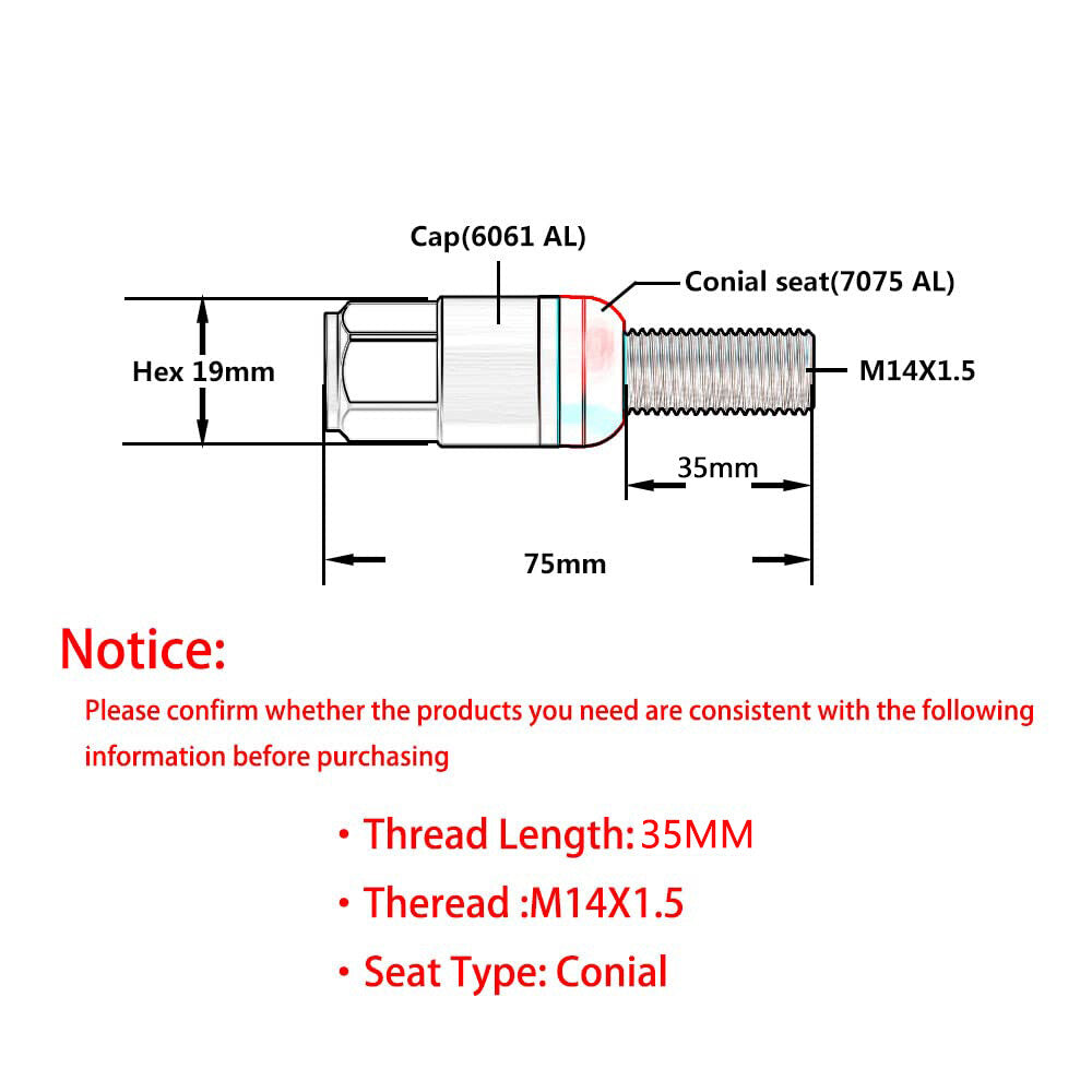 20x Blue M14x1.5 Wheel Lug Bolt Tapered for Seat Stud Set, 35 Handles, Suitable for Most Aftermarket Use.