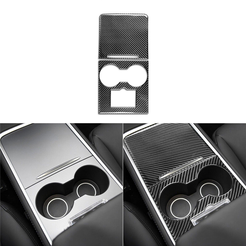 2X Carbon Fiber Center Console Cupholder Cover Trim for Tesla for Model Y 3 Type A