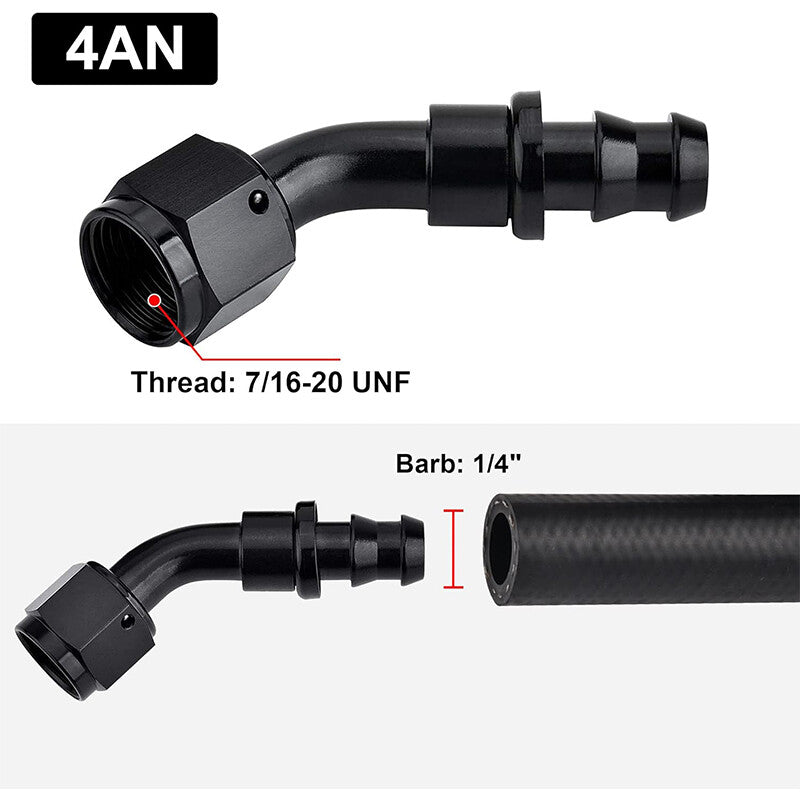 4AN AN4 45 Degree Push-On Hose End Fittings/Adapters Push Lock Barb Black