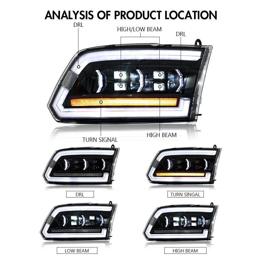 LED headlights suitable for 2009-2018, for RAM 1500 2500 3500, sequential high/low beam switching.