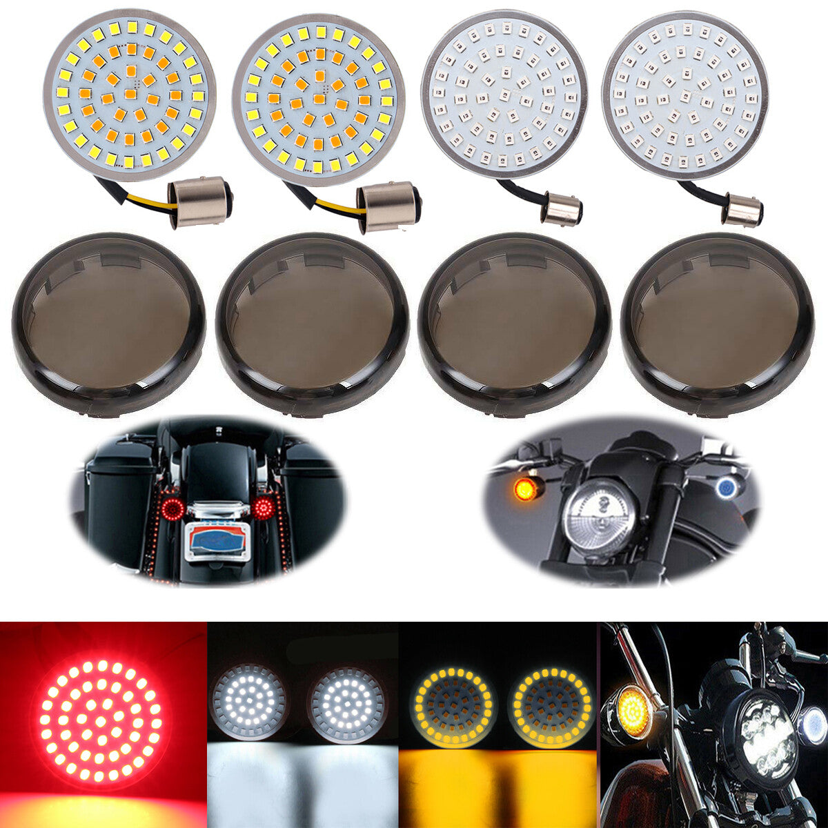 LED 1157 turn signal light with smoke lens, amber, white, and red, suitable for Harley Softail Touring.