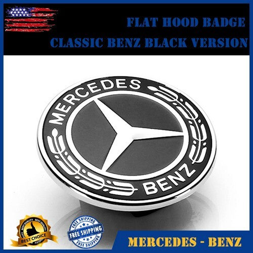 Black Classic Front Hood Emblem Flat Laurel Wreath Badge AMG 57mm