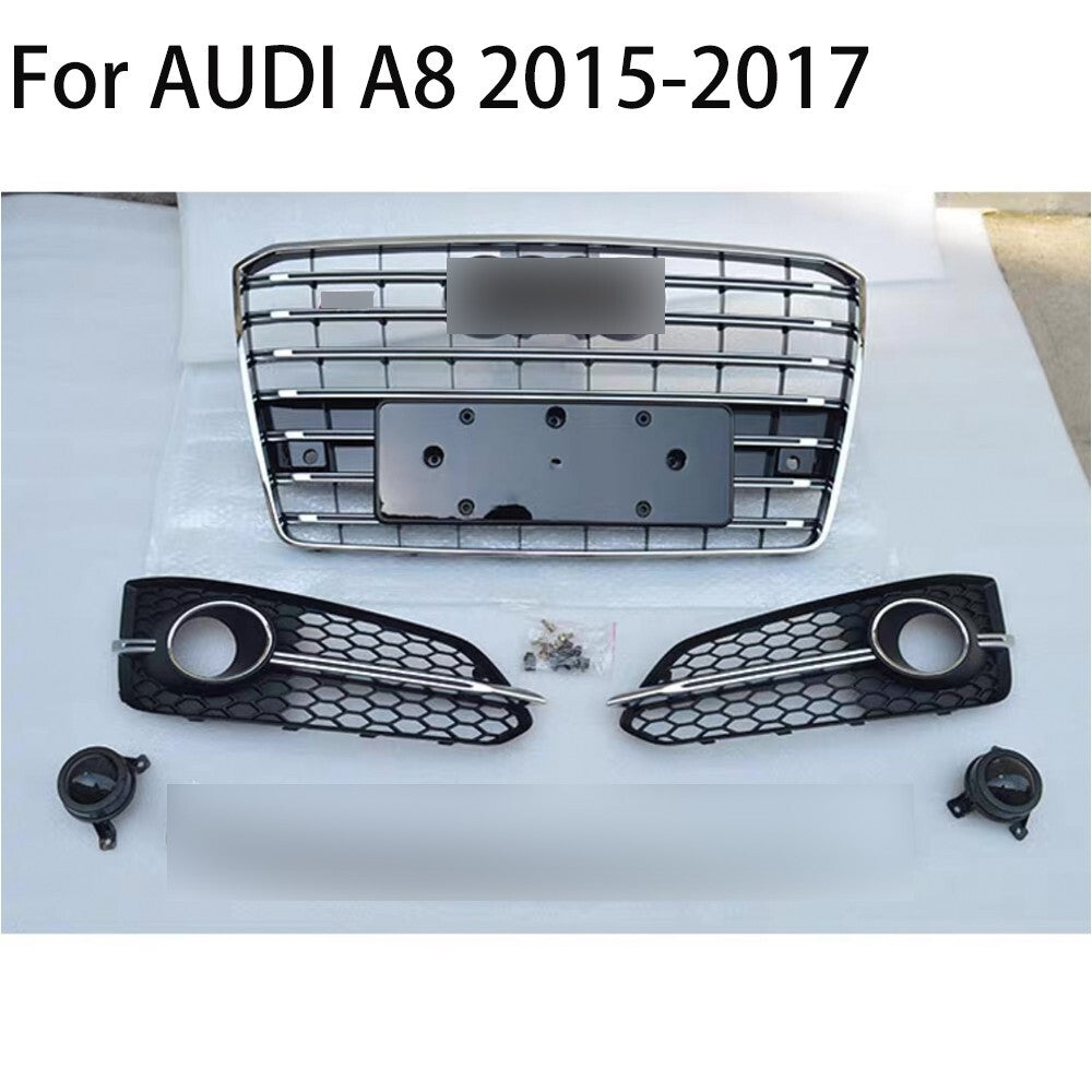 Front Bumper Grille+Fog Light Grill Frame Cover Fit for Audi for A8 2015-17 S8 Style