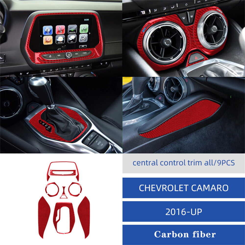 9¡ÁRed Carbon Fiber Central Control Set Decor Trim Kit for Chevrolet Camaro 2016+