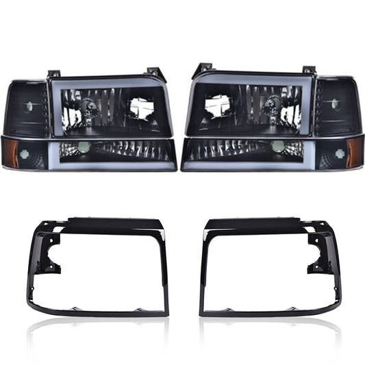 Suitable for 92-96 F150 F250 LED DRL black/smoky headlights with black frame on the lamp cover.
