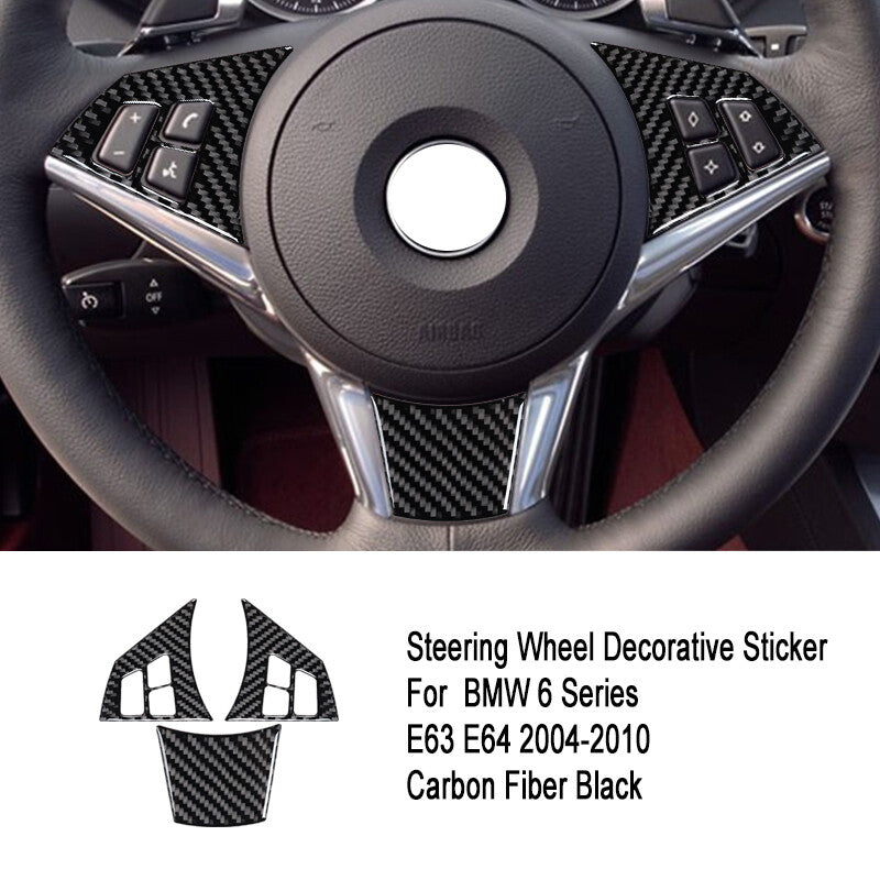 3Pcs Carbon Fiber Steering Wheel Cover Trim for BMW 6 Series E63 E64 2004-10