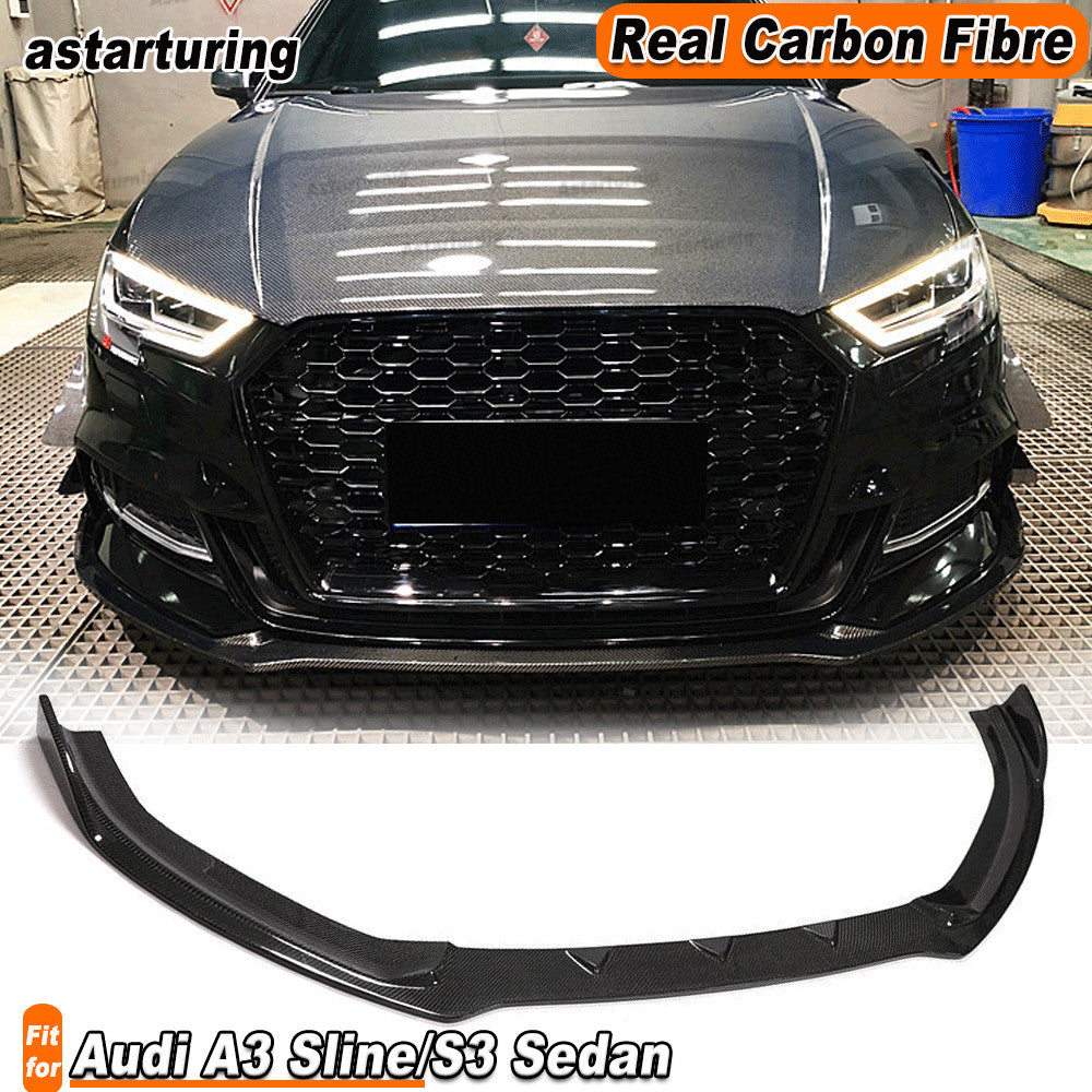 REAL CARBON Front Bumper Lip Chin Spoiler for Audi A3 Sline/S3 Sedan 2017-2020