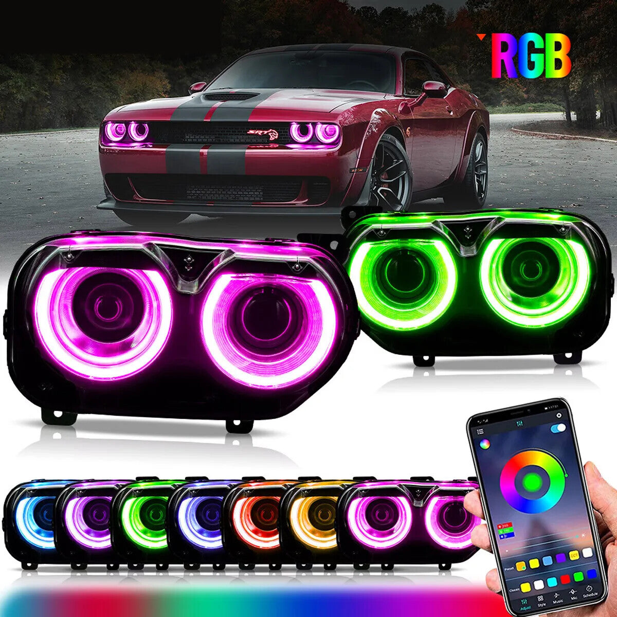 1 Dual Headlight RGB DRL Kit for 2015-2023 for Dodge for Challenger Headlights